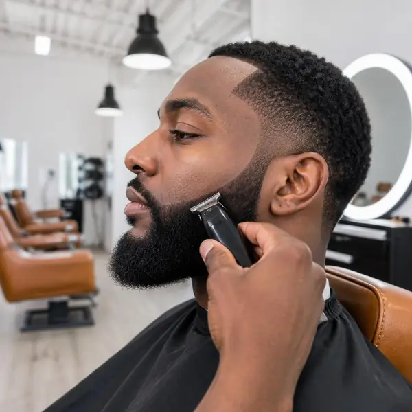 Close-up of a beard being outlined with trimmers