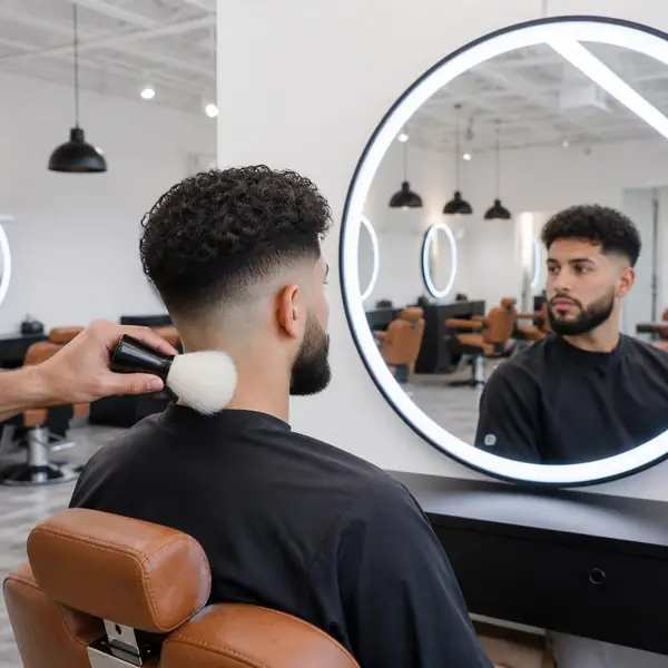 Curly top with a mid fade and sculpted beard, in the ring-lit mirror