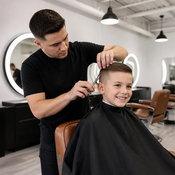 A smiling boy getting a crew cut