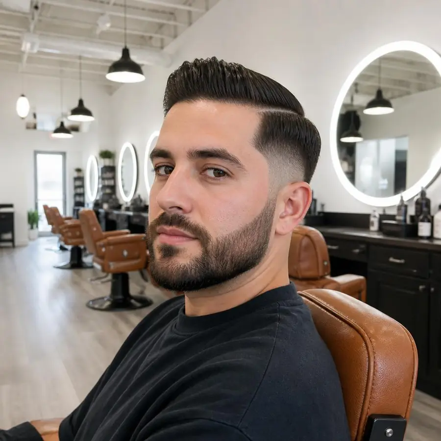 Young man with a slick pompadour, hard part and lined beard